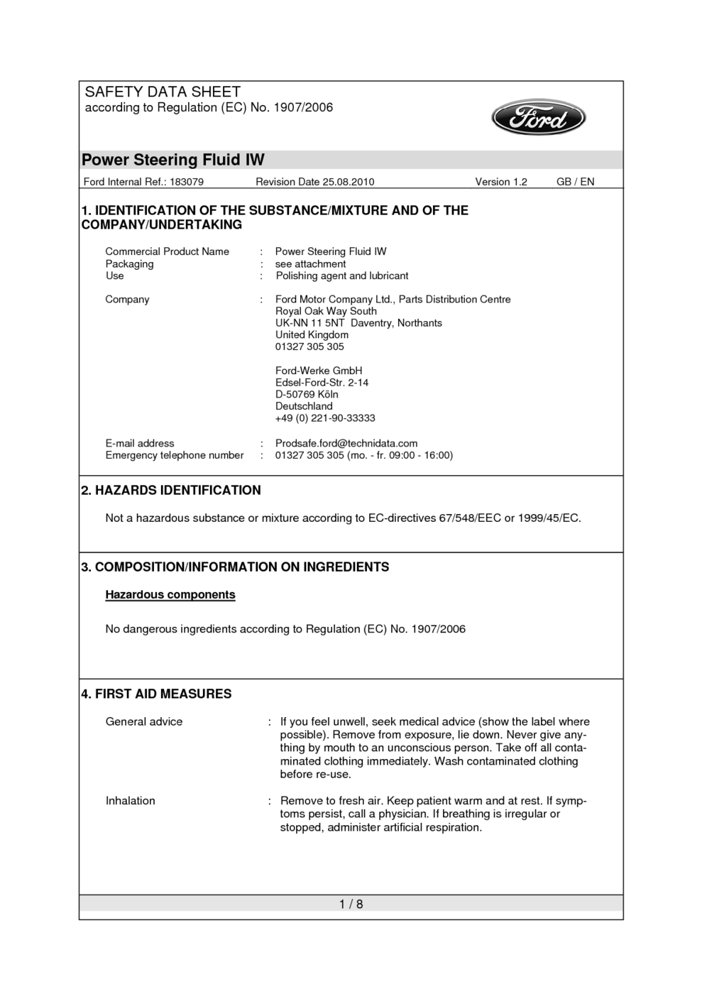 Power Steering Fluid IW MSDS Download