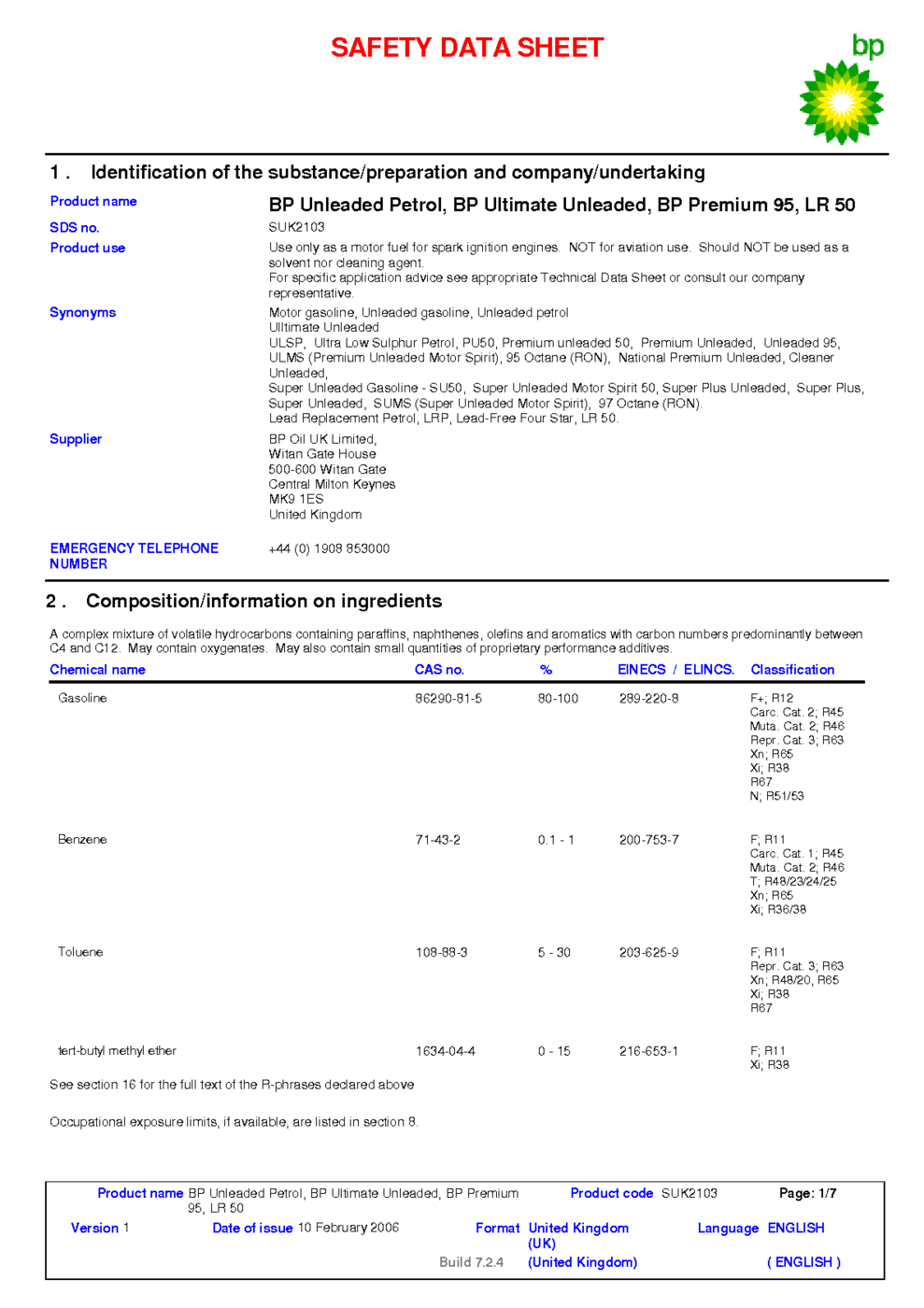 BP Unleaded Petrol, BP Ultimate Unleaded, BP Premium 95, LR 50 MSDS ...