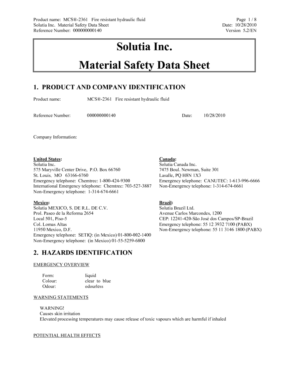 MCS2361 Fire resistant hydraulic fluid MSDS Download