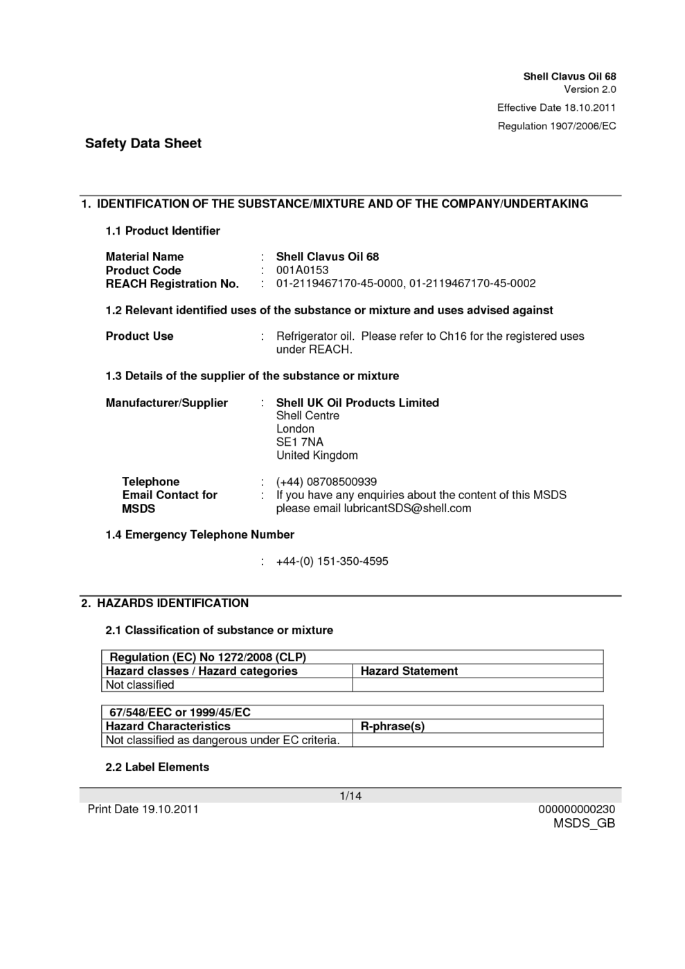 Shell Clavus Oil 68 MSDS Download