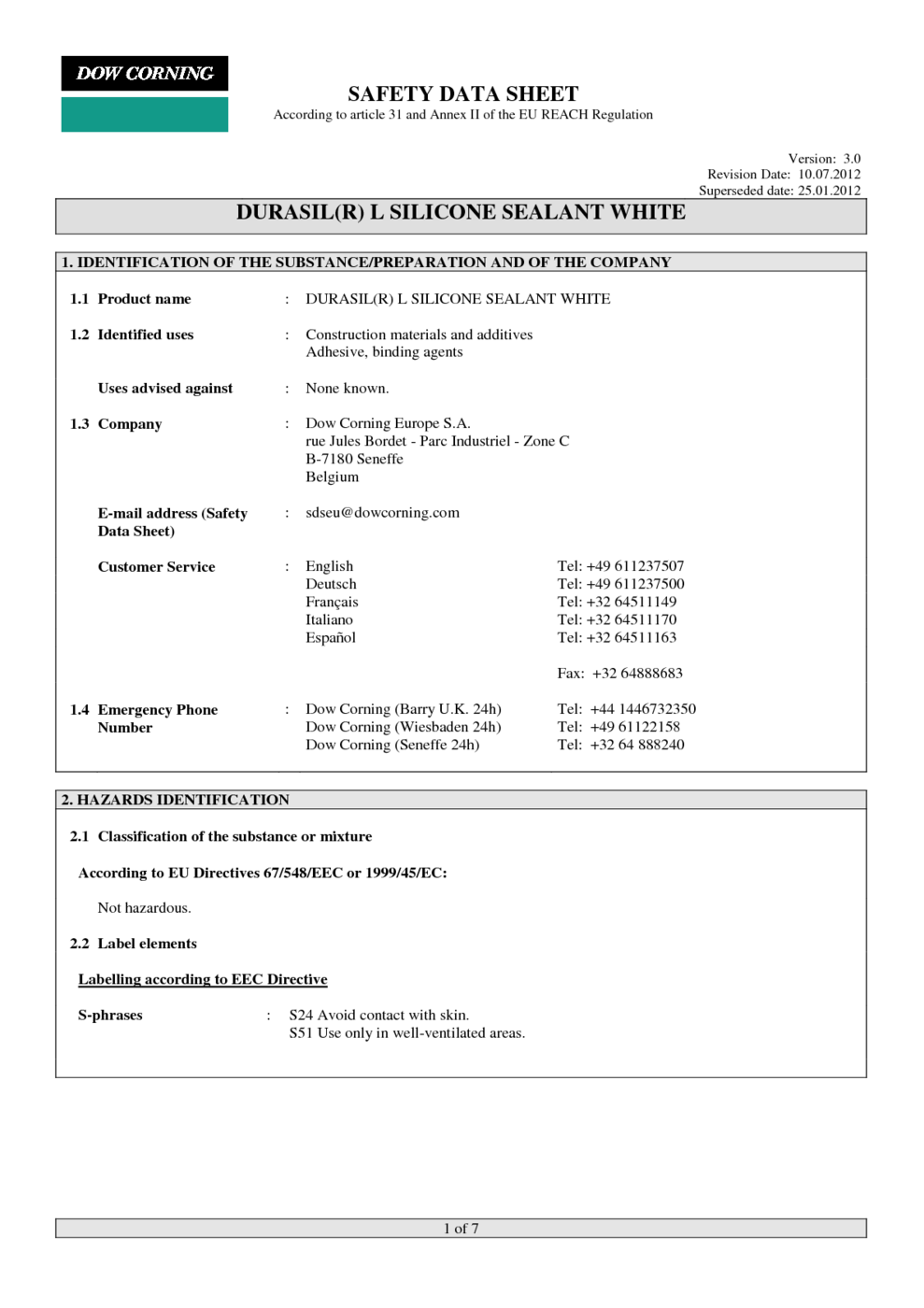 Selleys Multi Purpose Silicone Sealant MSDS