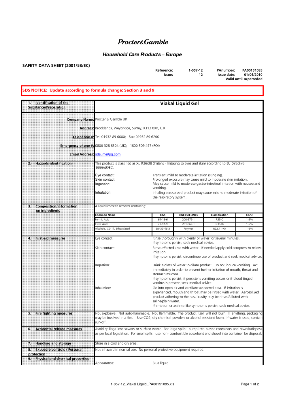 Viakal Liquid Gel MSDS Download