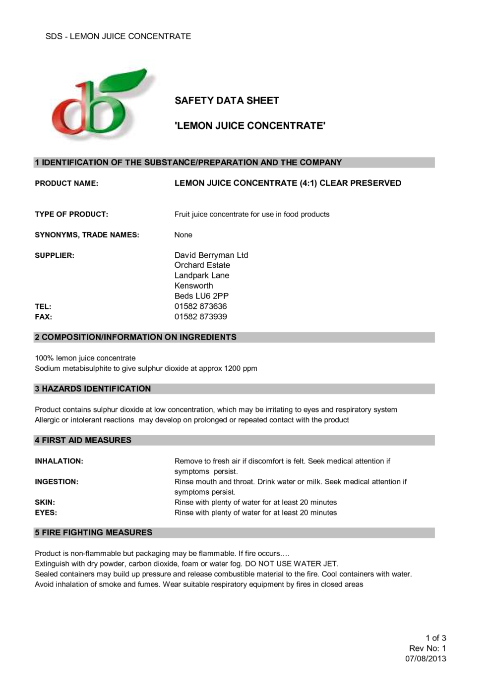 LEMON JUICE CONCENTRATE MSDS Download